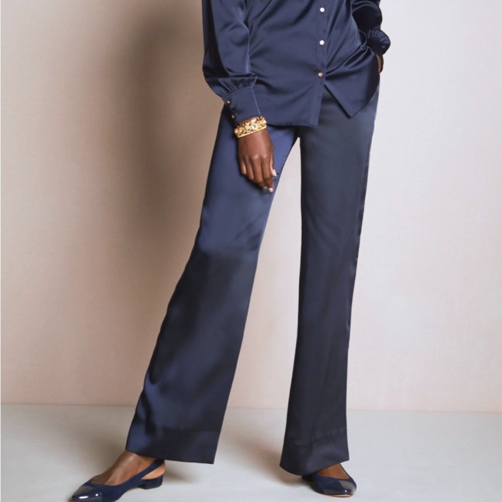 Vintage Neiman Marcus‎ Exclusive Navy Satin Flare Leg Trousers size 8